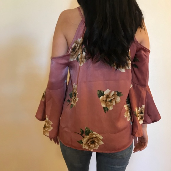 Dusty Rose Floral Open Shoulder Satin Top - Picture 6 of 8